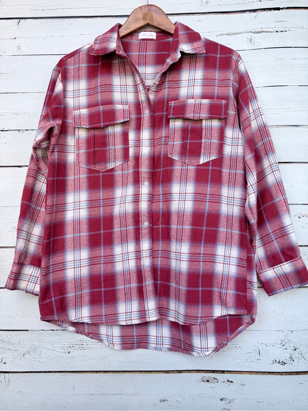 Pink Lily Oversized Plaid Flannel Button Down Shacket - Medium